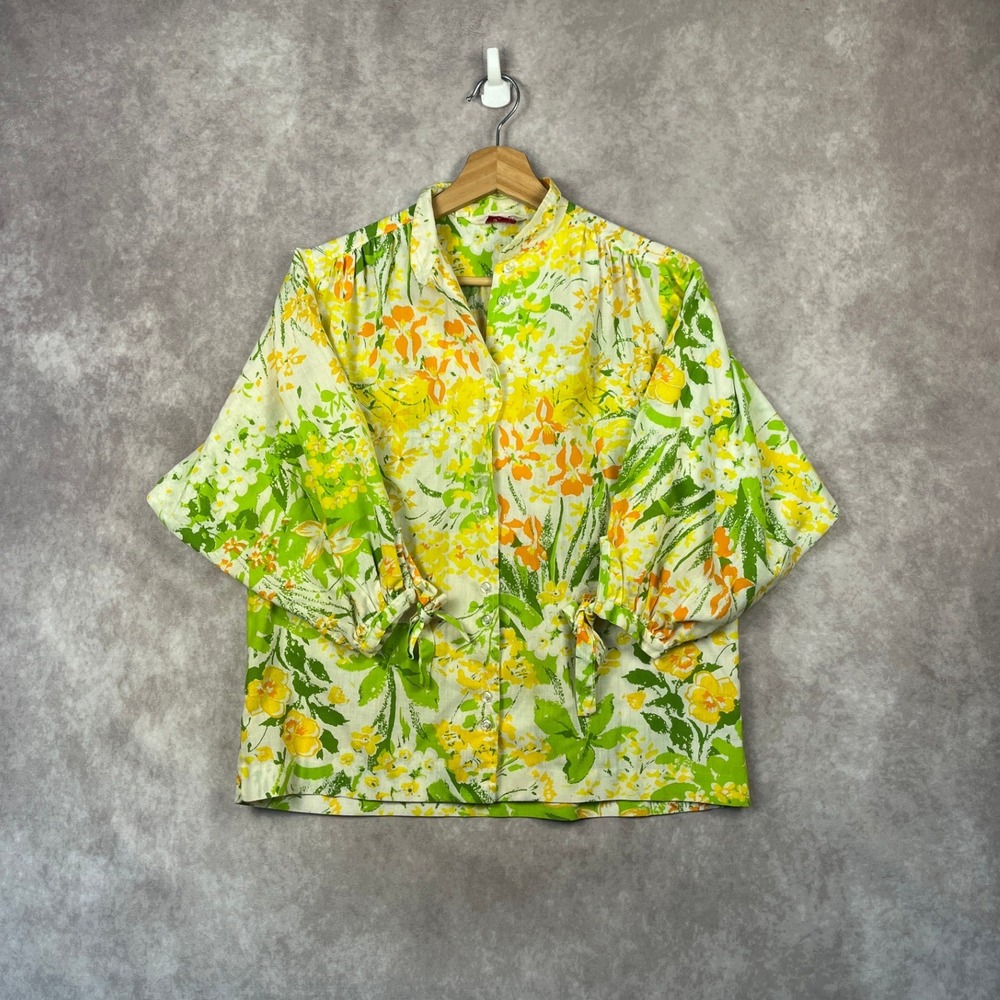 Vintage 1960s Jinny Jin Floral Button Down Blouse Tie Sleeve Green Yellow